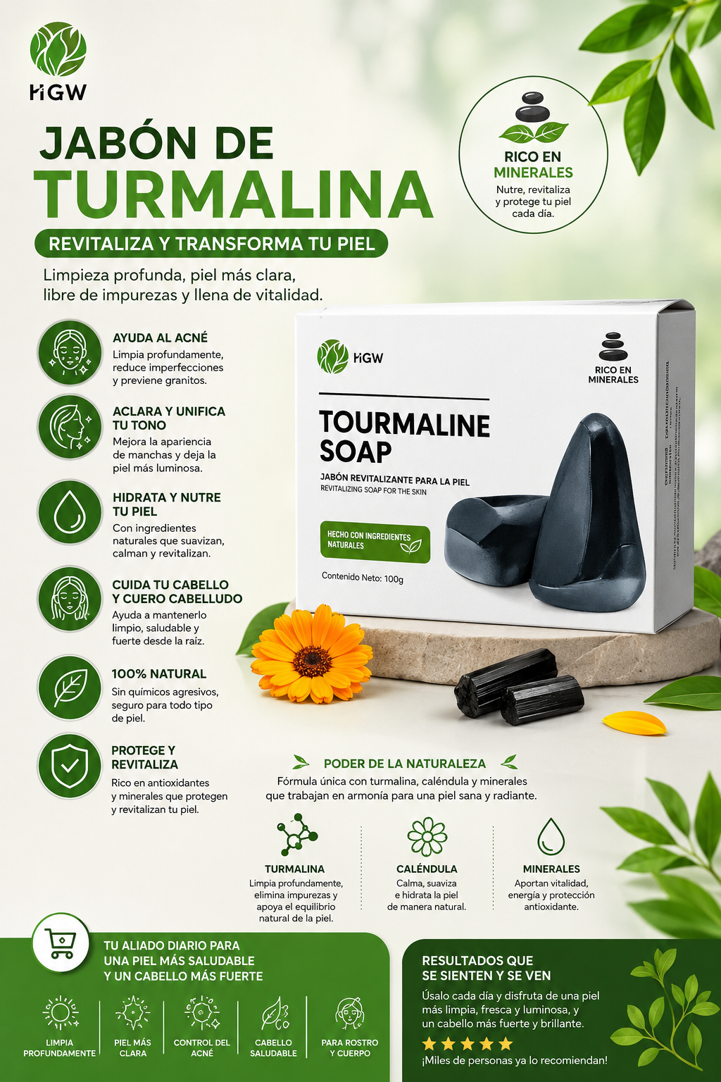Jabón Natural De Turmalina Control Acné Y Limpieza Pack 2
